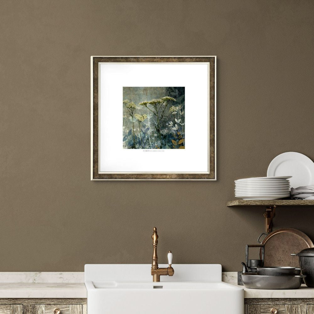 Framed botanical wildflower wall art print featuring delicate white blooms and layered foliage in muted blue and green tones.