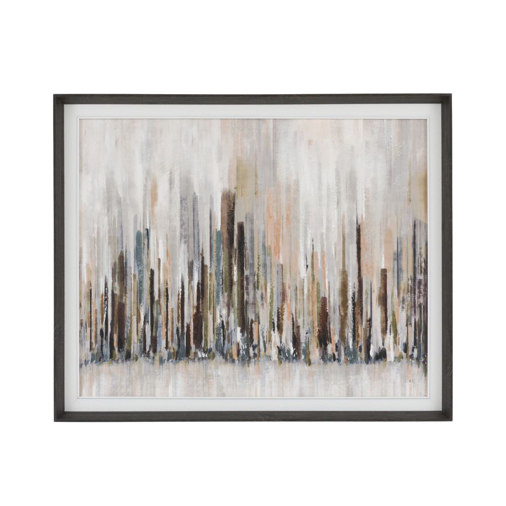 Modern framed abstract skyline painting with layered textured detailing and soft neutral colour palette for contemporary interiors.