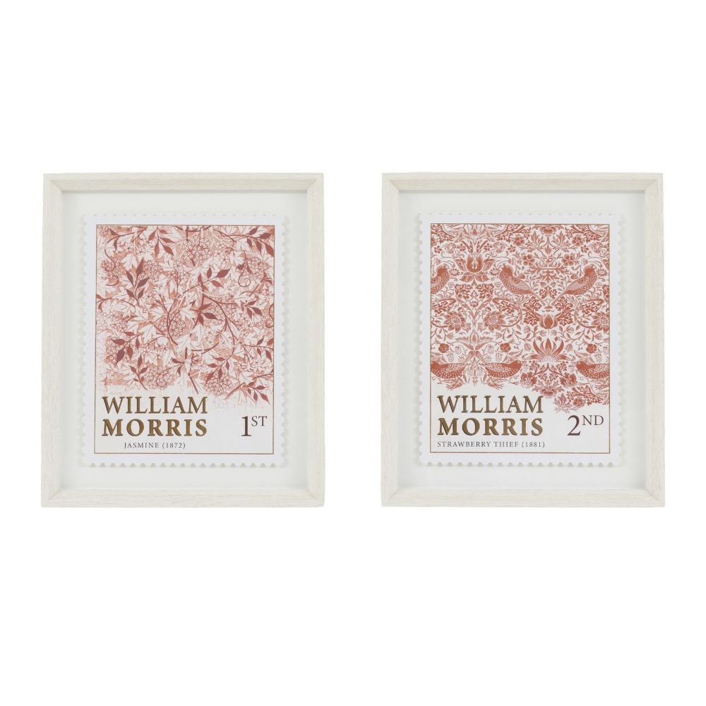 Framed William Morris artwork styled as vintage postage stamps with detailed botanical and bird patterns displayed on a neutral interior wall.