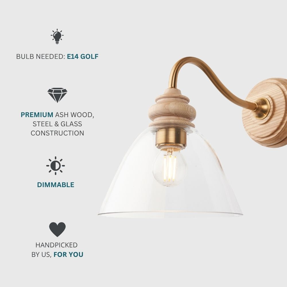 Ash wood and glass wall light with aged brass fittings, requiring E14 golf bulb and featuring dimmable functionality and premium materials.