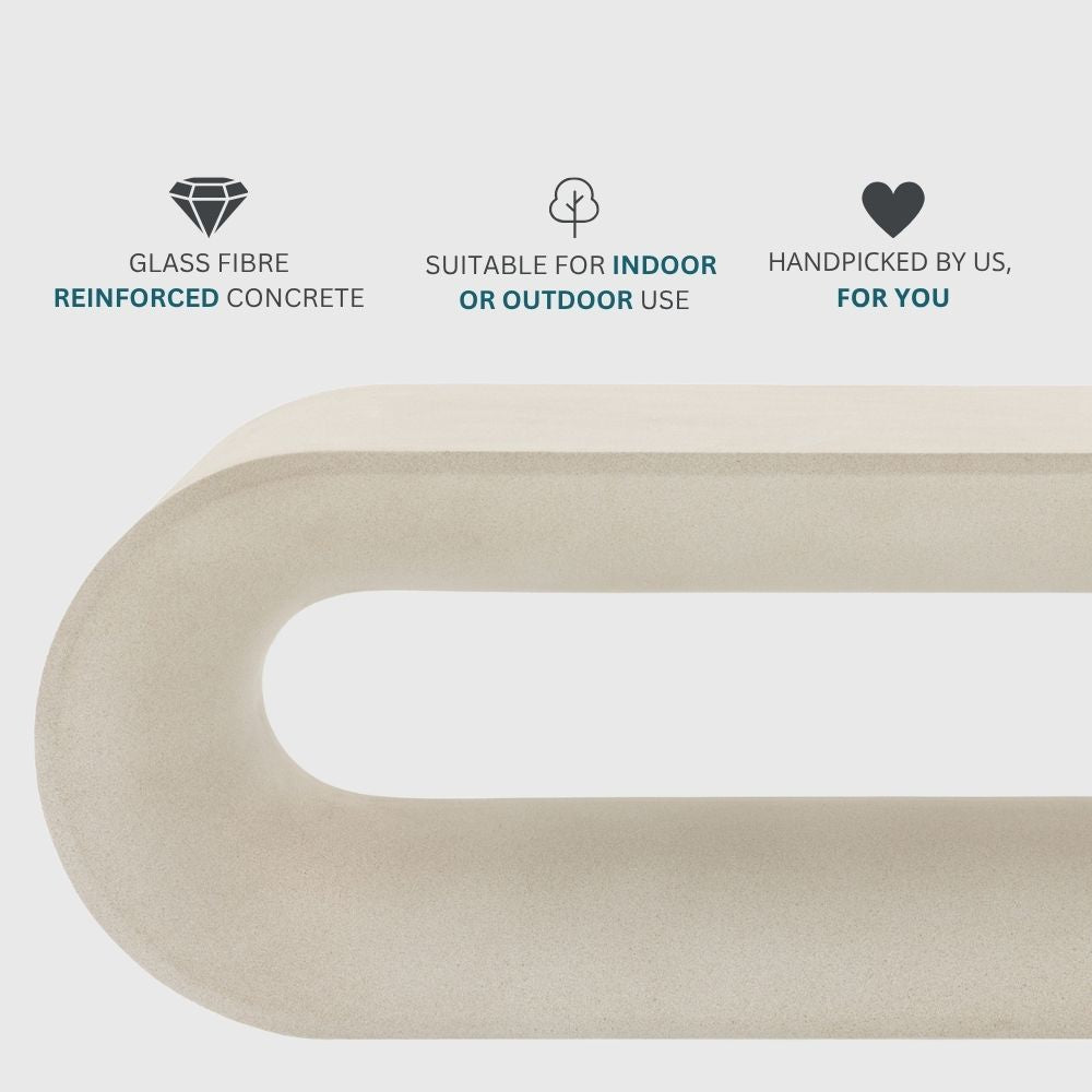 Concrete coffee table with icons highlighting glass fibre reinforced construction, suitability for indoor or outdoor use and curated design.