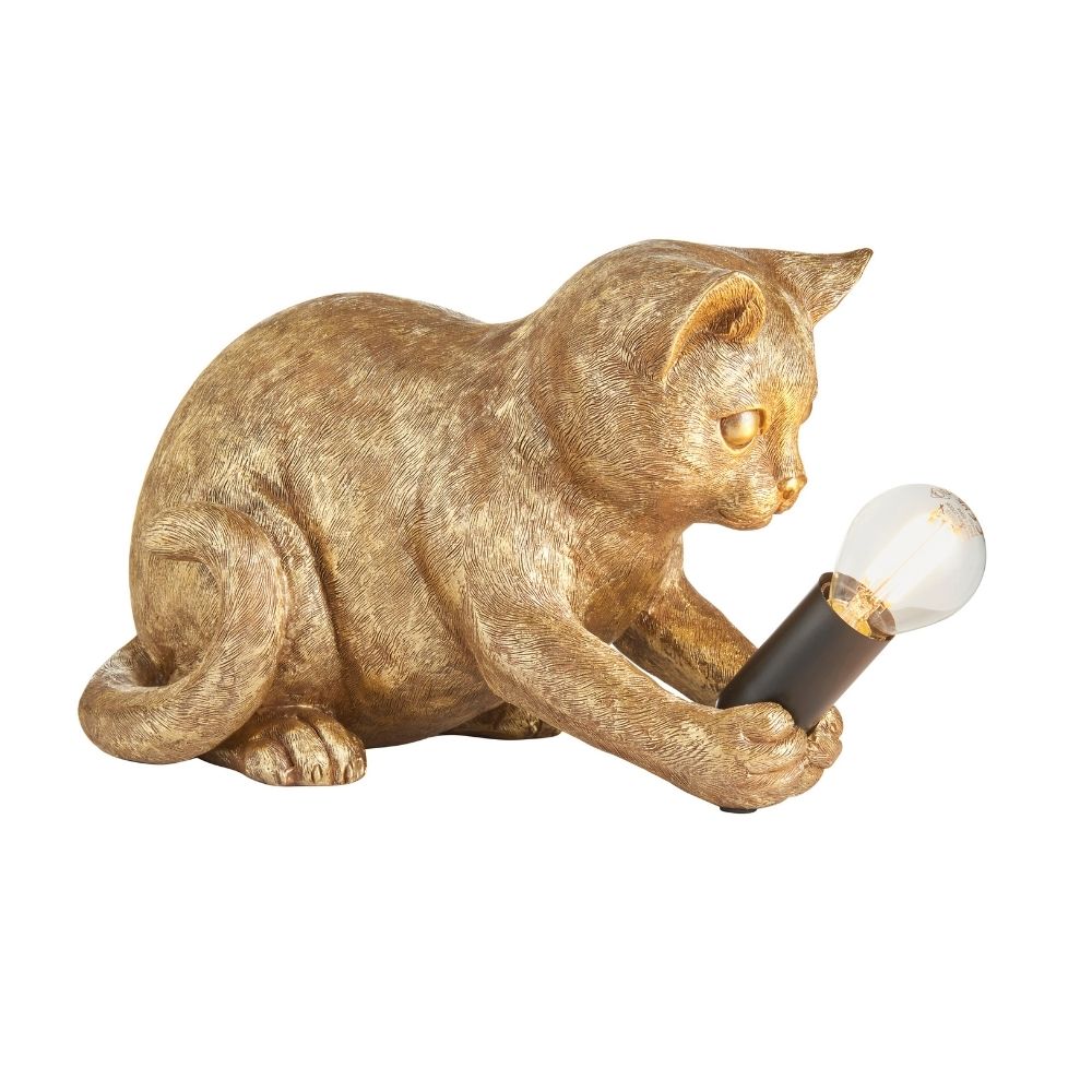 Gold cat novelty table lamp with exposed bulb and sleek holder, isolated on neutral background showcasing modern decorative home lighting.