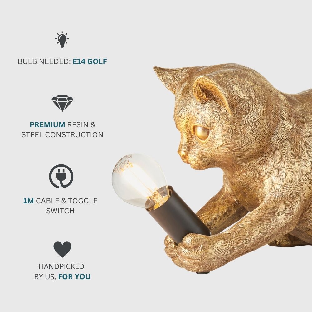 Gold cat resin lamp with E14 golf bulb requirement, premium resin and steel construction, and 1 metre cable with toggle switch details.