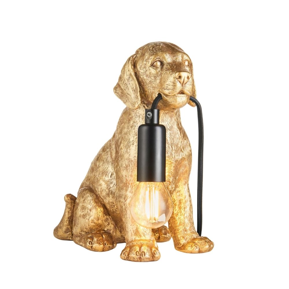 Gold labrador resin novelty table lamp with exposed bulb and cable detail, isolated on neutral background showcasing stylish decorative lighting design.