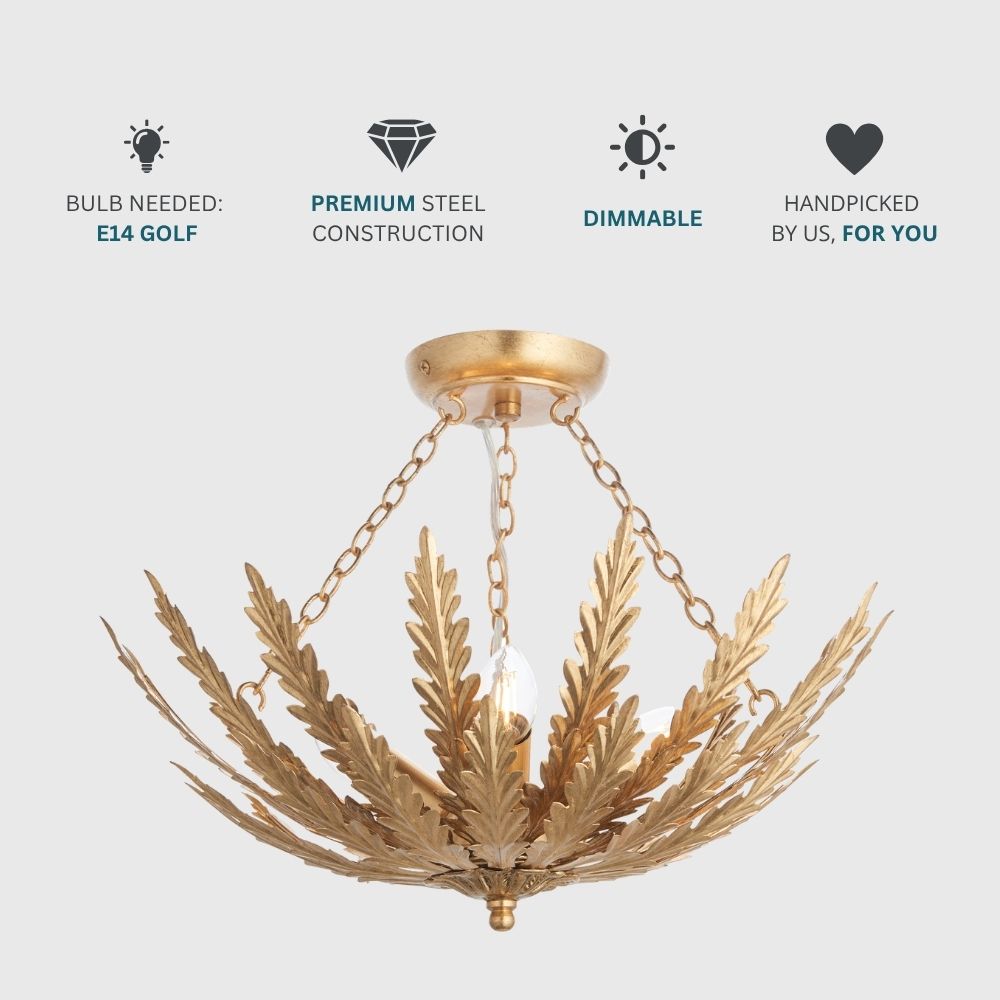 Gold leaf ceiling light displayed with icons showing E14 bulb requirement, dimmable feature and premium steel construction.