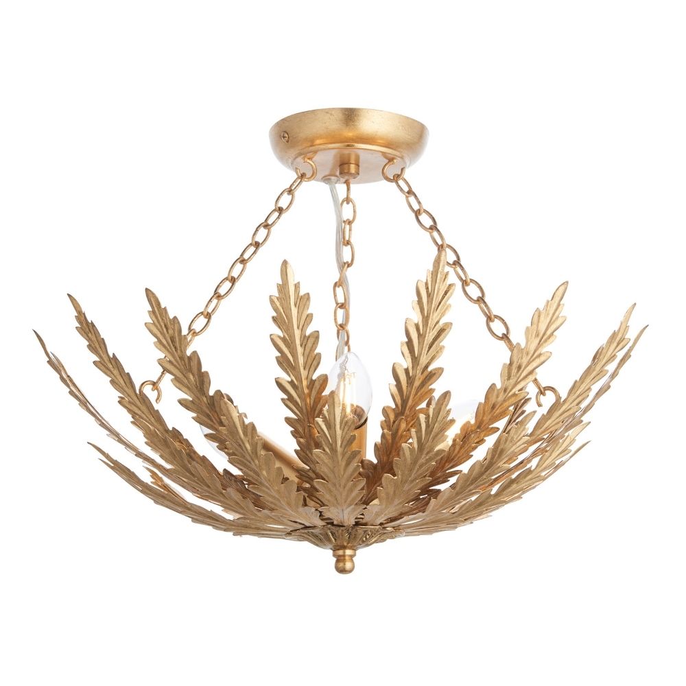 Decorative gold leaf semi flush ceiling light with chain suspension and sculpted metal foliage design on a plain background.