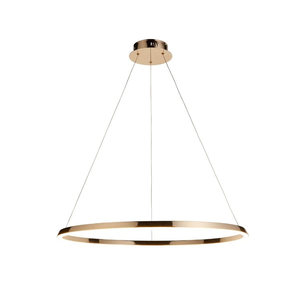 Front view of circular gold LED pendant ceiling light with slim ring design and suspended cables.