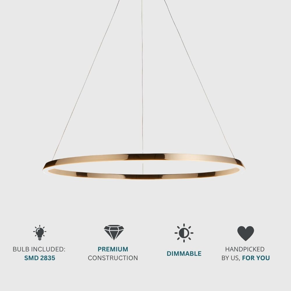 Gold LED ring ceiling light displayed with icons highlighting dimmable function, premium construction and included LED technology.
