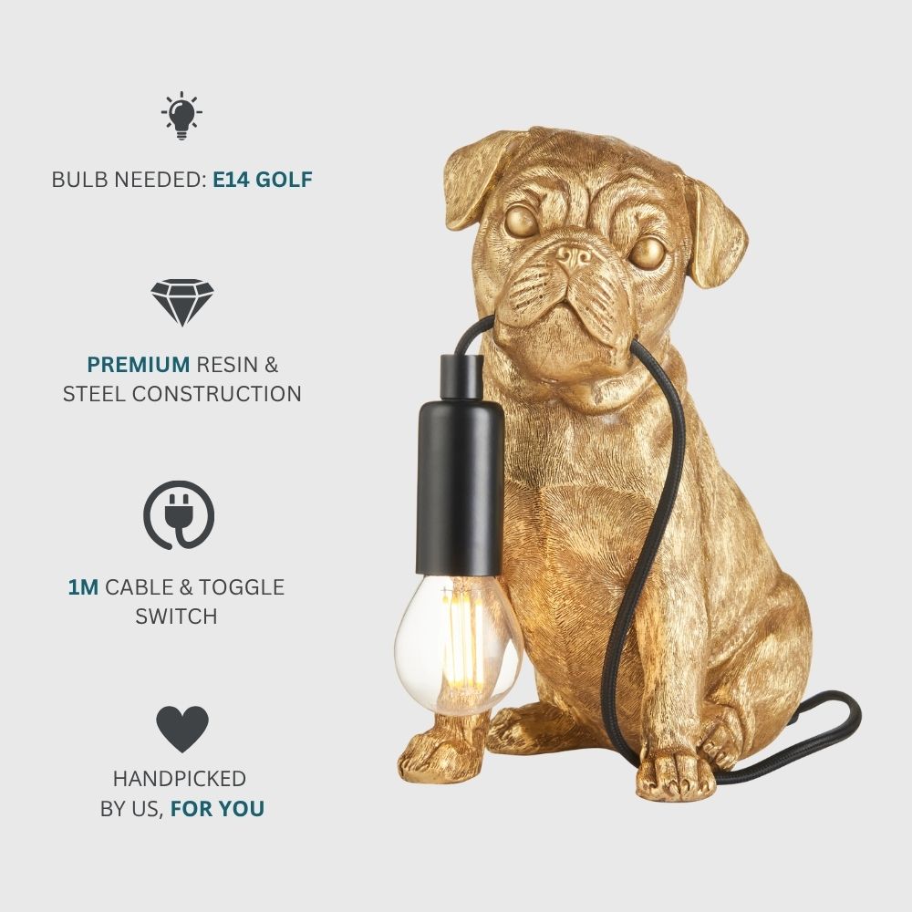 Gold pug resin table lamp with feature icons indicating E14 golf bulb requirement, premium resin and steel construction, and one metre cable with toggle switch.