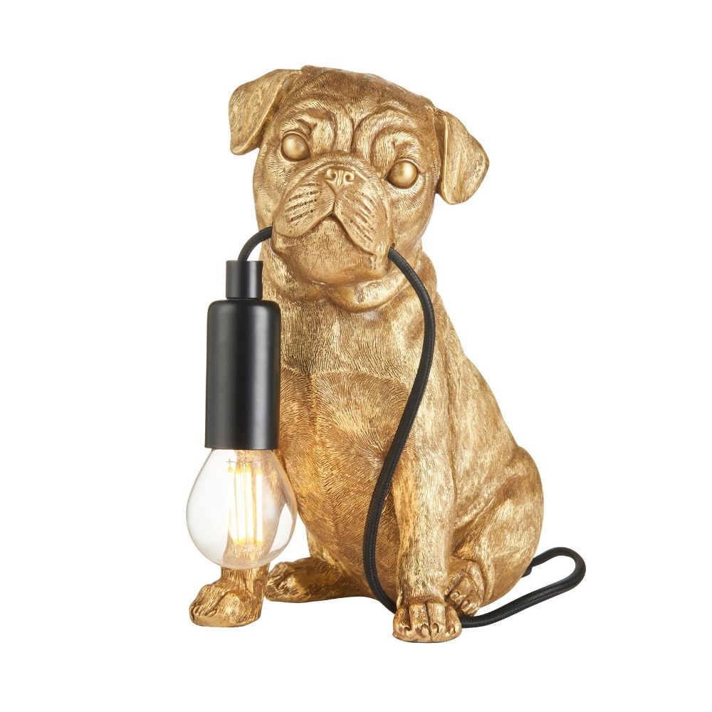 Gold pug resin novelty table lamp with black cable and exposed bulb, isolated on neutral background showcasing decorative lighting design.