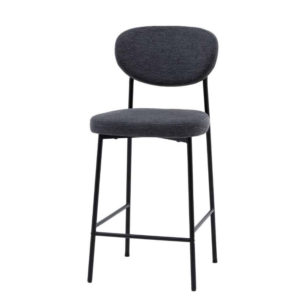 Grey fabric upholstered bar stool with a curved backrest, padded seat and black metal legs shown against a light grey background.