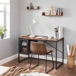 Stylish industrial-style rustic brown desk with a built-in storage cabinet, perfect for home offices or workspaces.
