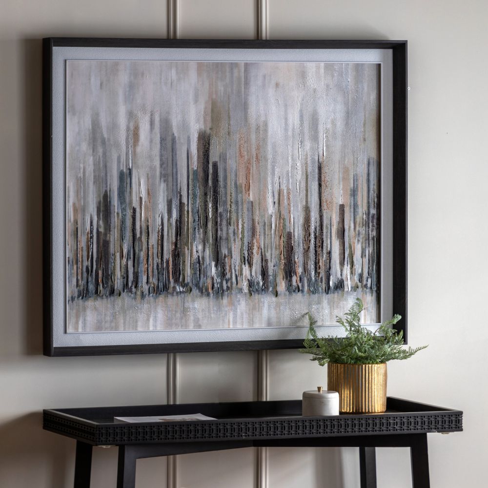 Large framed abstract cityscape canvas featuring textured vertical brushstrokes in muted grey, beige and charcoal tones.