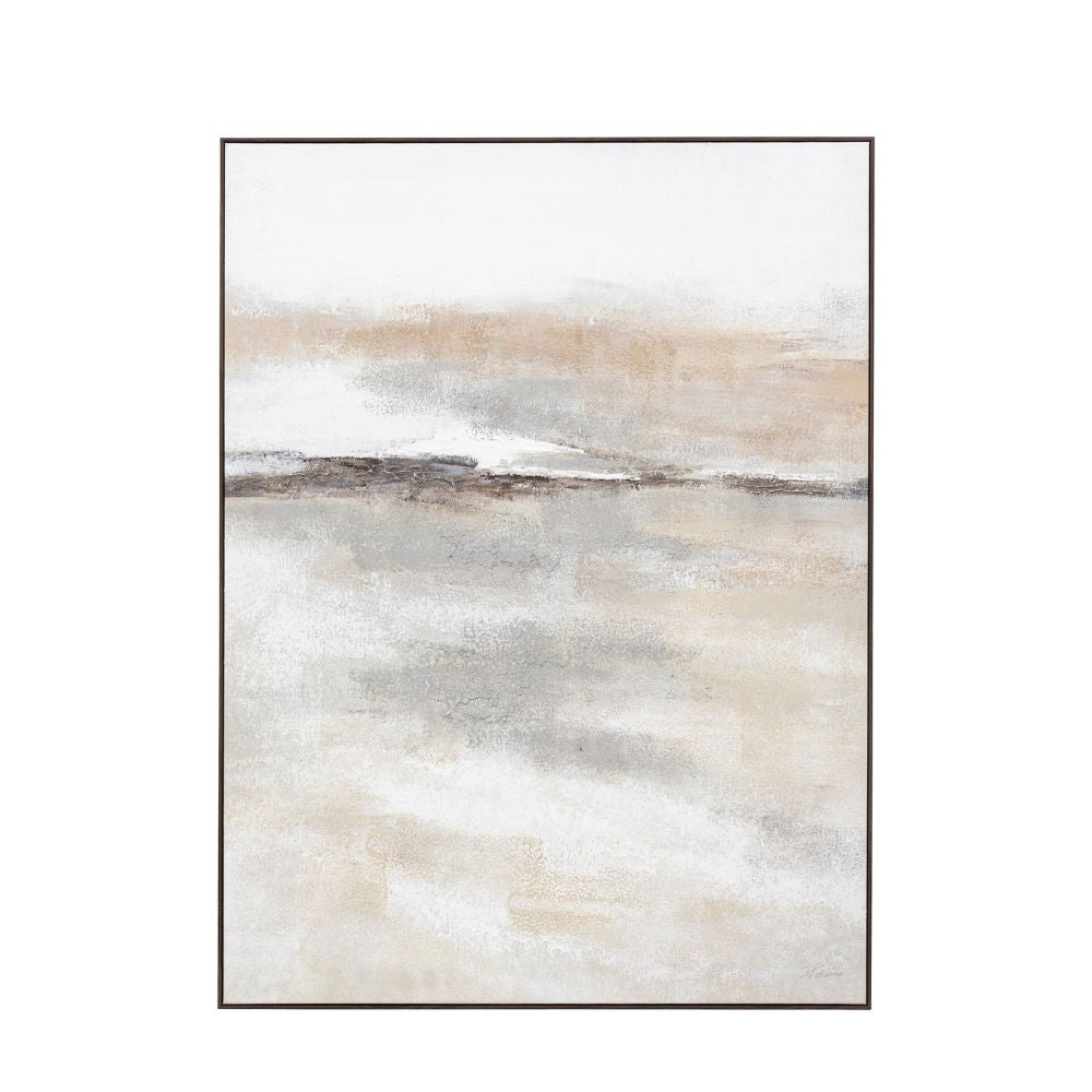 Large abstract neutral wall art displayed in a contemporary interior with textured brushstrokes and calming earthy tones.