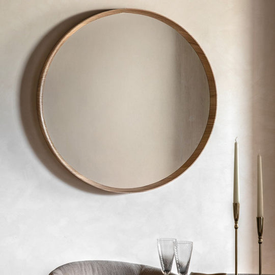 Large Round Oak Wall Mirror - 90cm