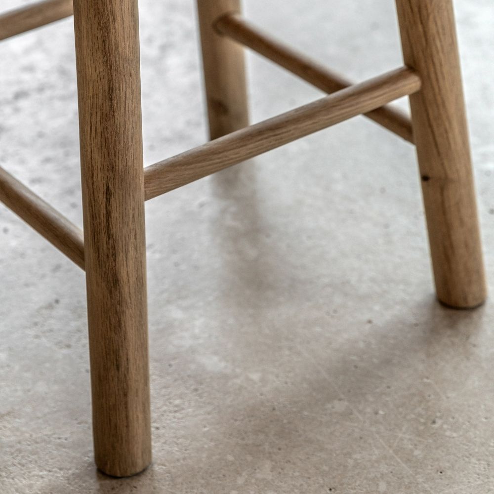 Close-up of light oak wooden bar stool legs and footrest showing sturdy construction and natural wood texture.