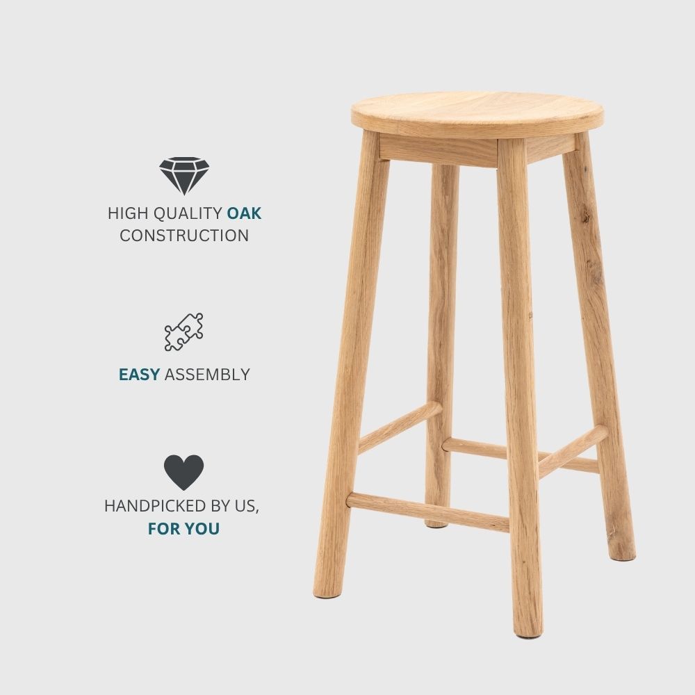 Light oak wooden bar stool displayed with icons highlighting high quality oak construction, easy assembly and handpicked design.