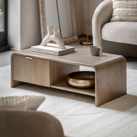 Mango Wood Coffee Table with Fluted Drawer and Storage