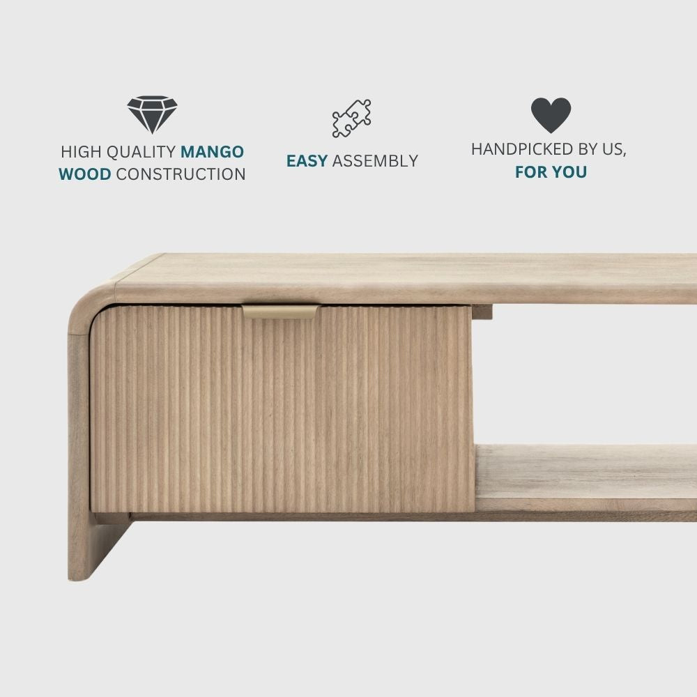Mango wood coffee table with icons highlighting high quality wood construction, easy assembly and curated design.