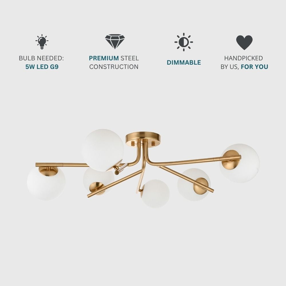 Brass multi globe ceiling light shown with icons highlighting G9 LED bulbs, dimmable function and premium steel construction.