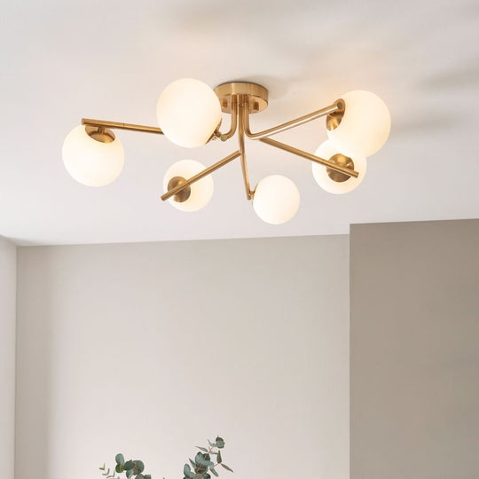 Mid-Century Brass Multi Globe Ceiling Light with Glass Shades