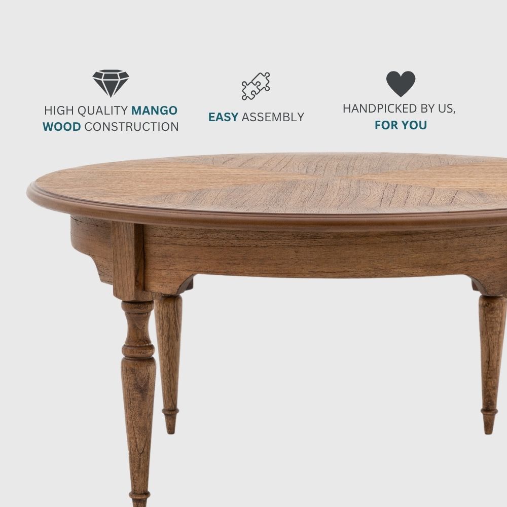 Natural wood coffee table with icons highlighting high quality mindy wood construction, easy assembly and curated design features.