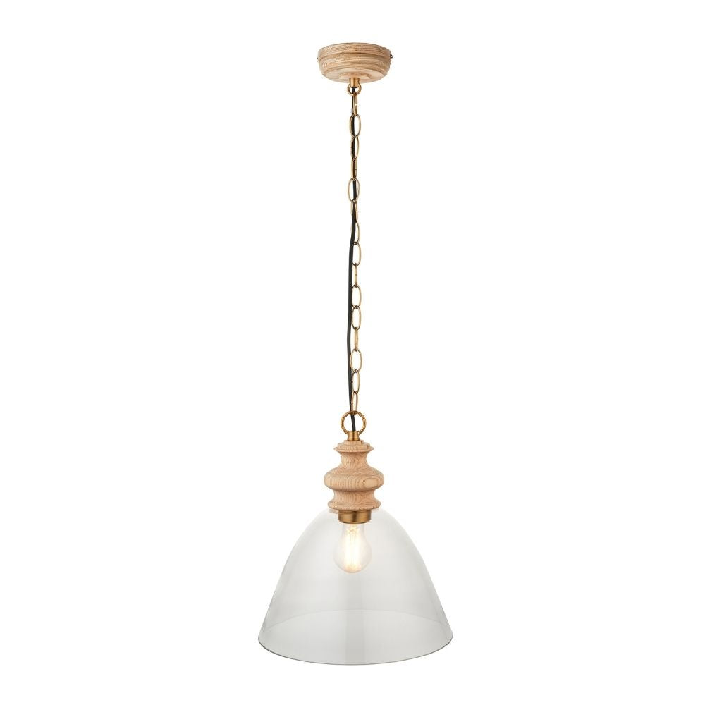 Minimalist pendant light featuring ash wood detailing, brass chain suspension and clear glass shade on a white background.