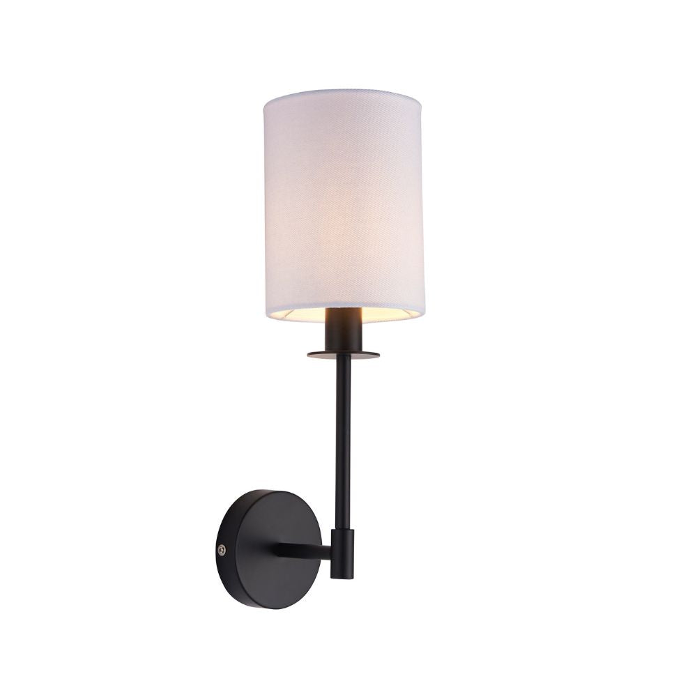 Minimalist black wall sconce featuring a white fabric lampshade and sleek metal arm for modern bedroom or hallway lighting.