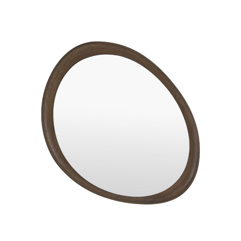 Minimalist organic shaped wall mirror with a dark stained wooden frame isolated on a light grey background.