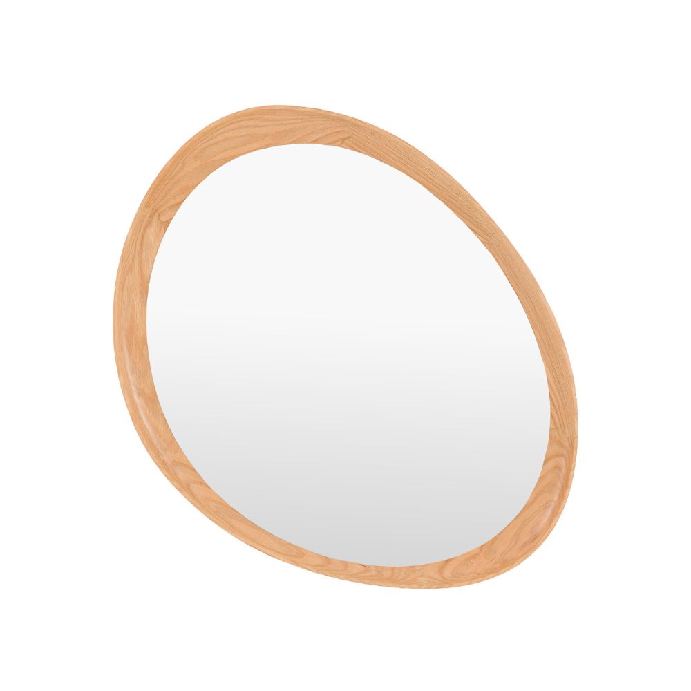 Minimalist organic shaped wall mirror with a smooth natural oak frame isolated on a light grey background.