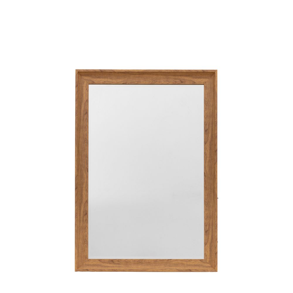 Minimalist rectangular wall mirror with a warm walnut wood frame isolated on a light grey background.