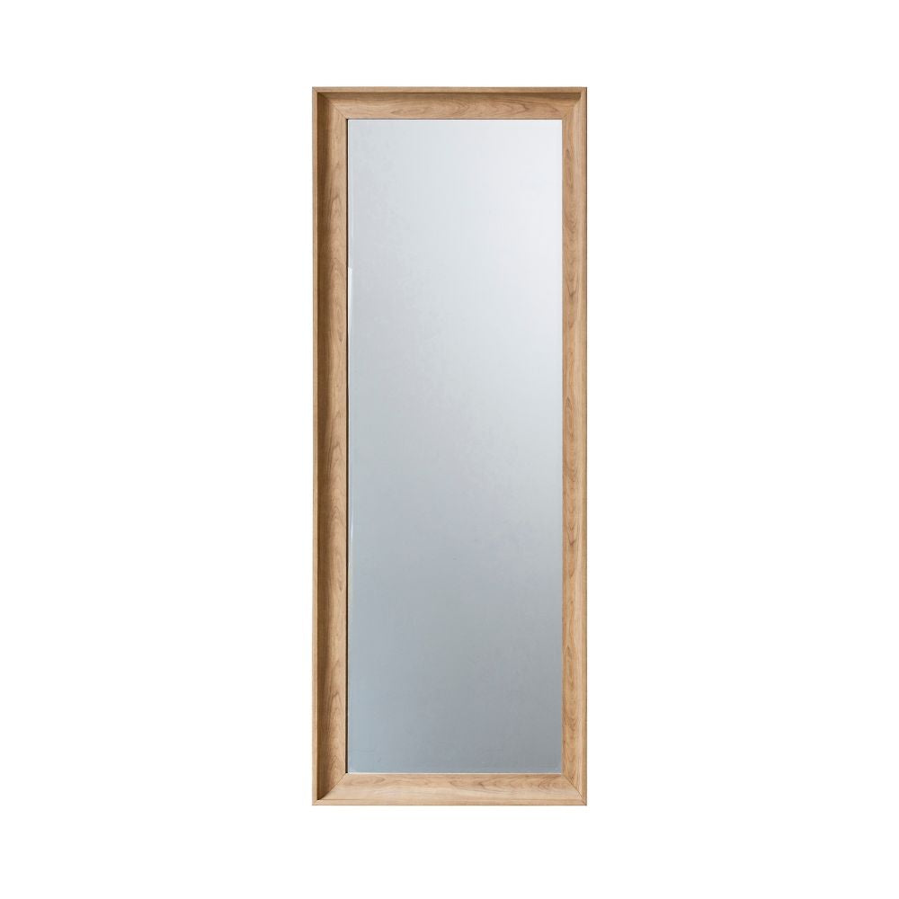 Minimalist rectangular full length mirror with a natural wood frame isolated on a light grey background.