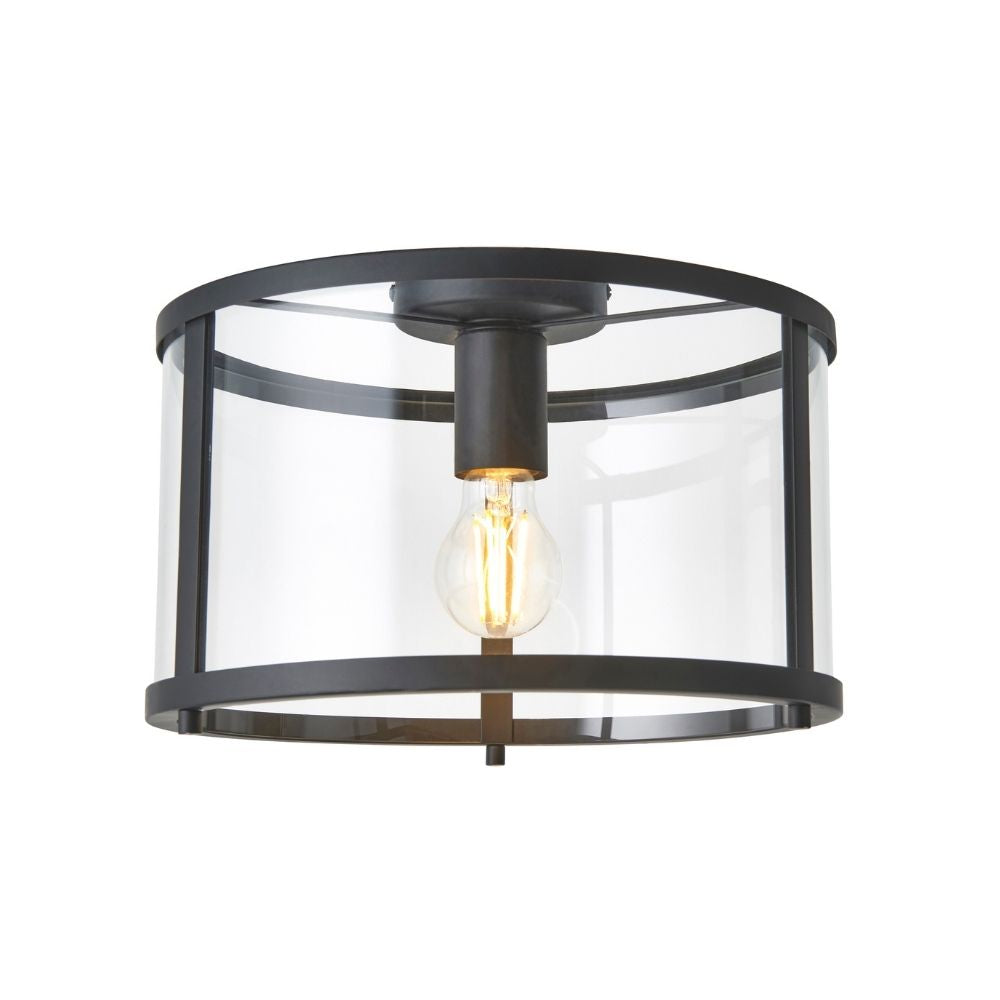 Modern black metal ceiling light with circular frame and transparent glass enclosure on a white background.