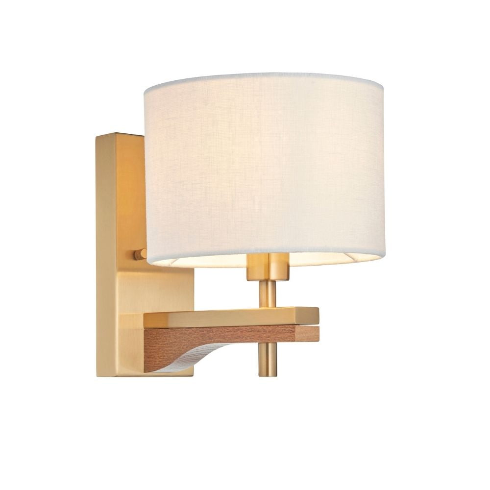 Modern wall light combining brass and ash wood with a soft linen shade on a clean white background.