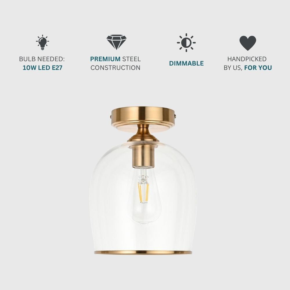 Brass and glass ceiling light displayed with icons highlighting LED bulb requirement, dimmable function and premium steel construction.