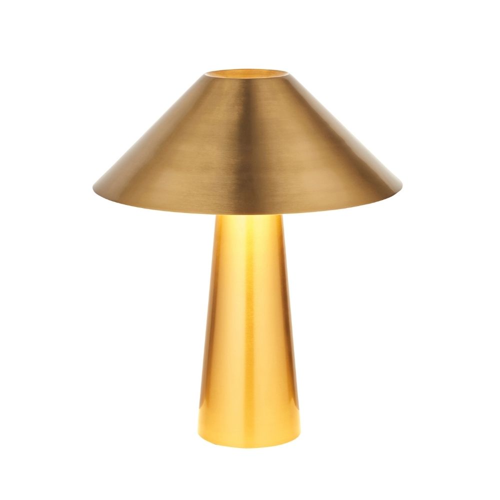 Modern brass cone-shaped table lamp isolated on white background, highlighting clean lines and metallic finish for home décor lighting.