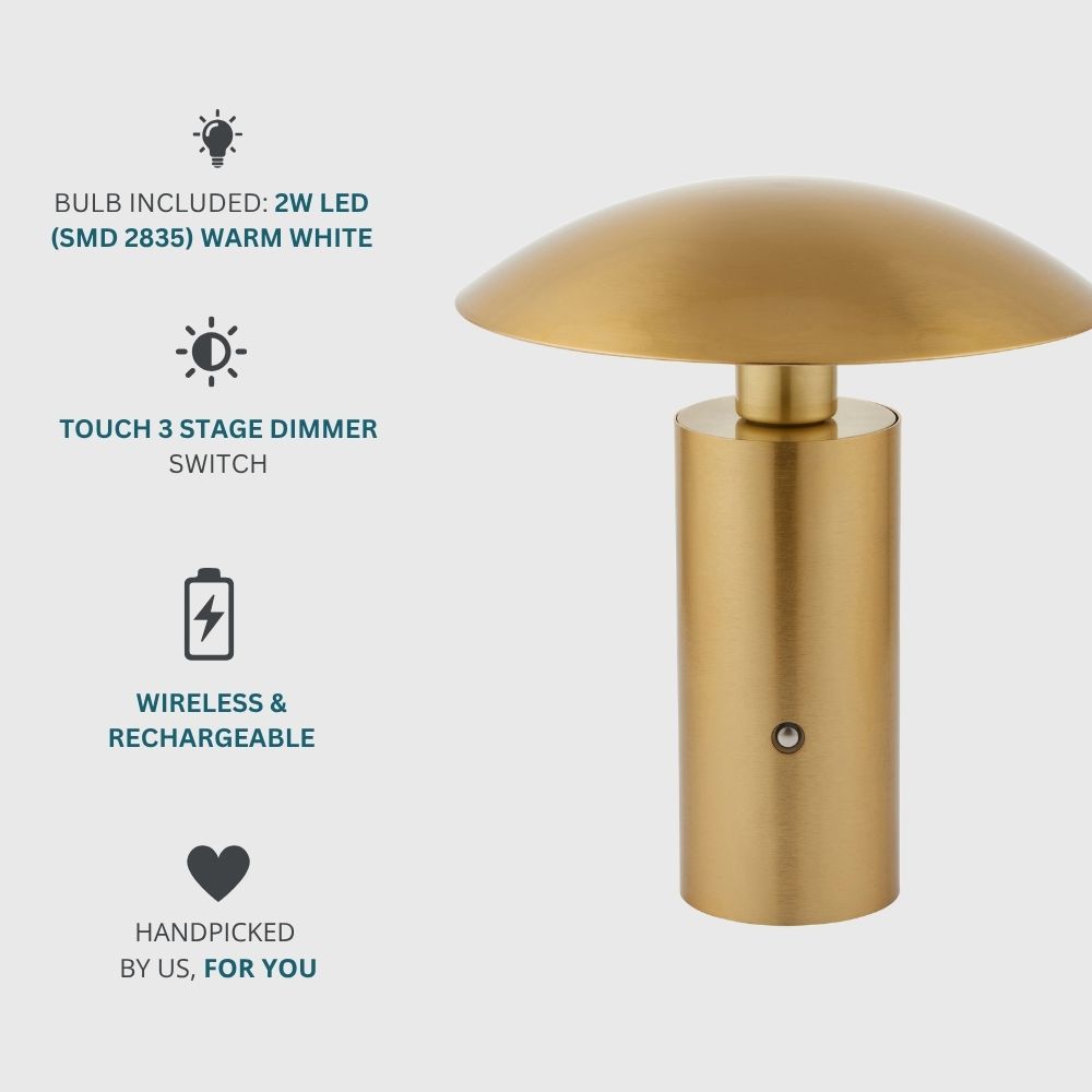 Modern brass table lamp with mushroom-shaped shade, wireless rechargeable design, and three-stage touch dimmer for ambient lighting.