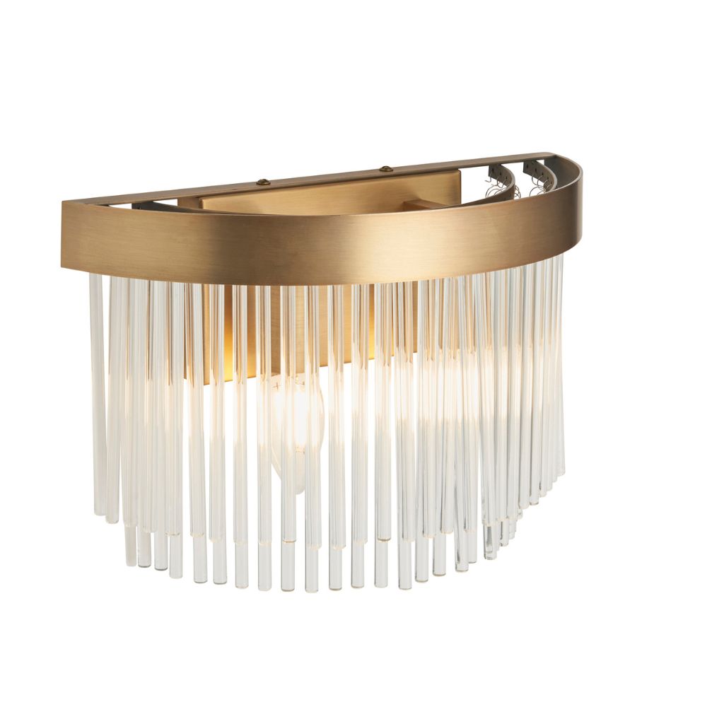 Modern brass wall light featuring cascading clear glass rods and a warm illuminated finish.