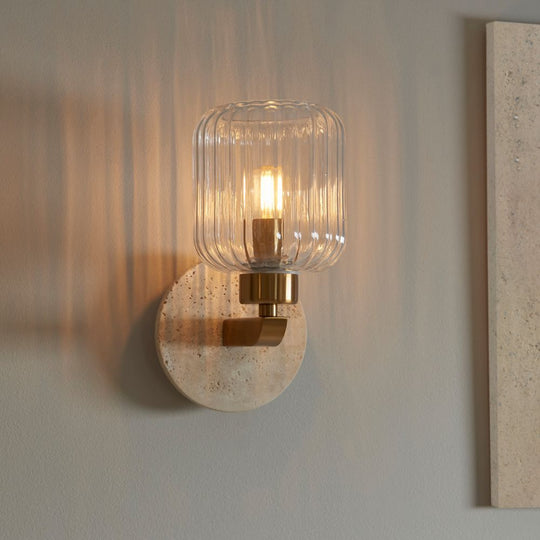 Travertine & Brass Ribbed Glass Wall Light