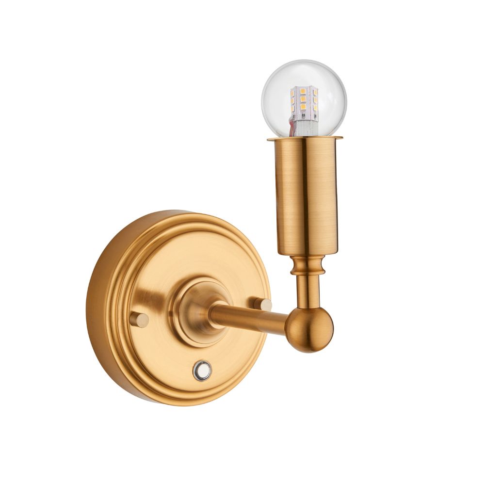 Modern brass wall sconce with exposed globe bulb and elegant brushed metal finish on a plain background.