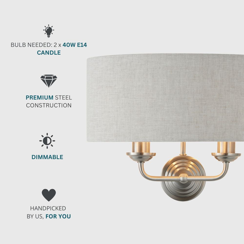 Modern double wall light with a soft grey fabric shade, brushed metal frame, and elegant contemporary design for bedrooms or hallways.