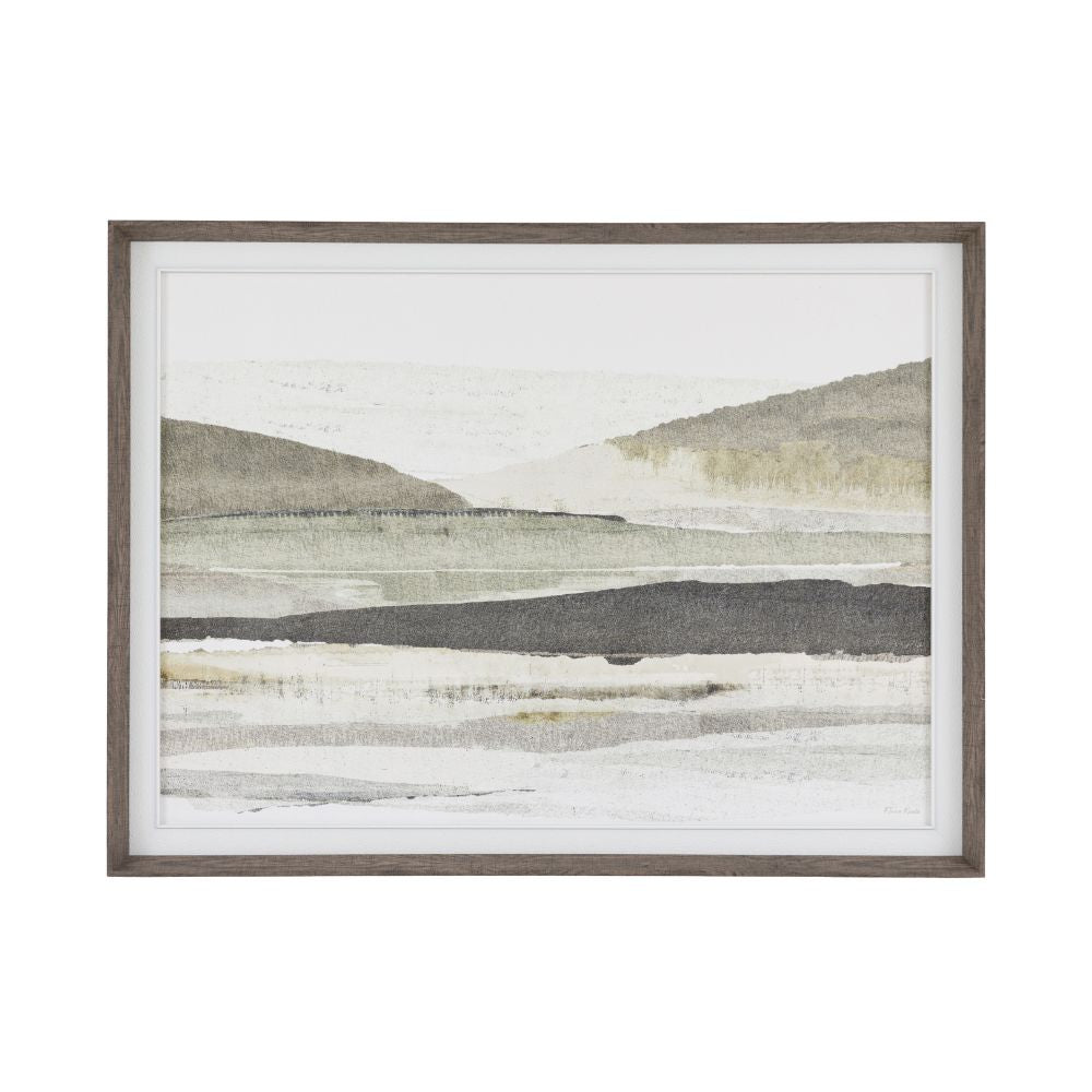 Modern abstract landscape print with soft earthy textures and muted green tones displayed in a rustic wood-effect frame.