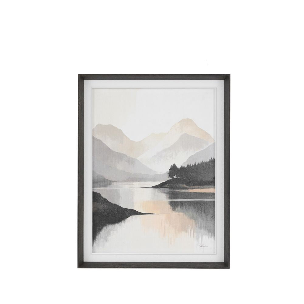Modern mountain landscape wall art print with soft muted tones, calm lake reflections and contemporary dark wood-effect frame.