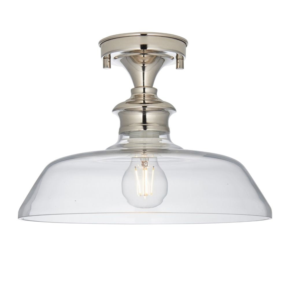 Modern polished nickel ceiling light featuring a wide clear glass dome shade and central exposed bulb on a white background.