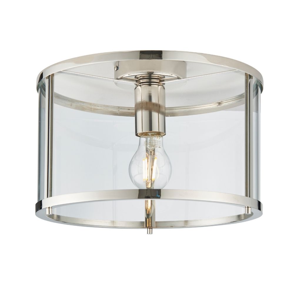 Modern polished nickel ceiling light featuring a circular frame and transparent glass shade on a white background.