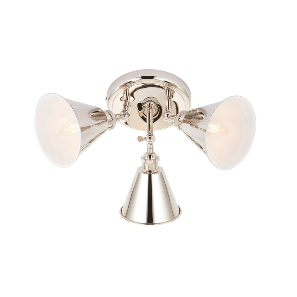 Modern polished nickel ceiling spotlight with three adjustable cone shades displayed on a plain background.