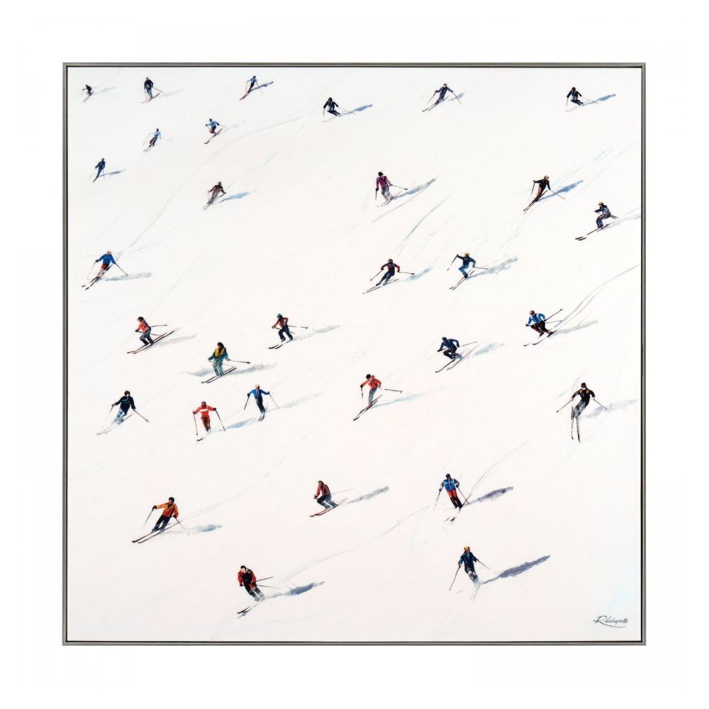 Modern wall art print featuring skiers descending snowy slopes with colourful figures on a minimalist white background.