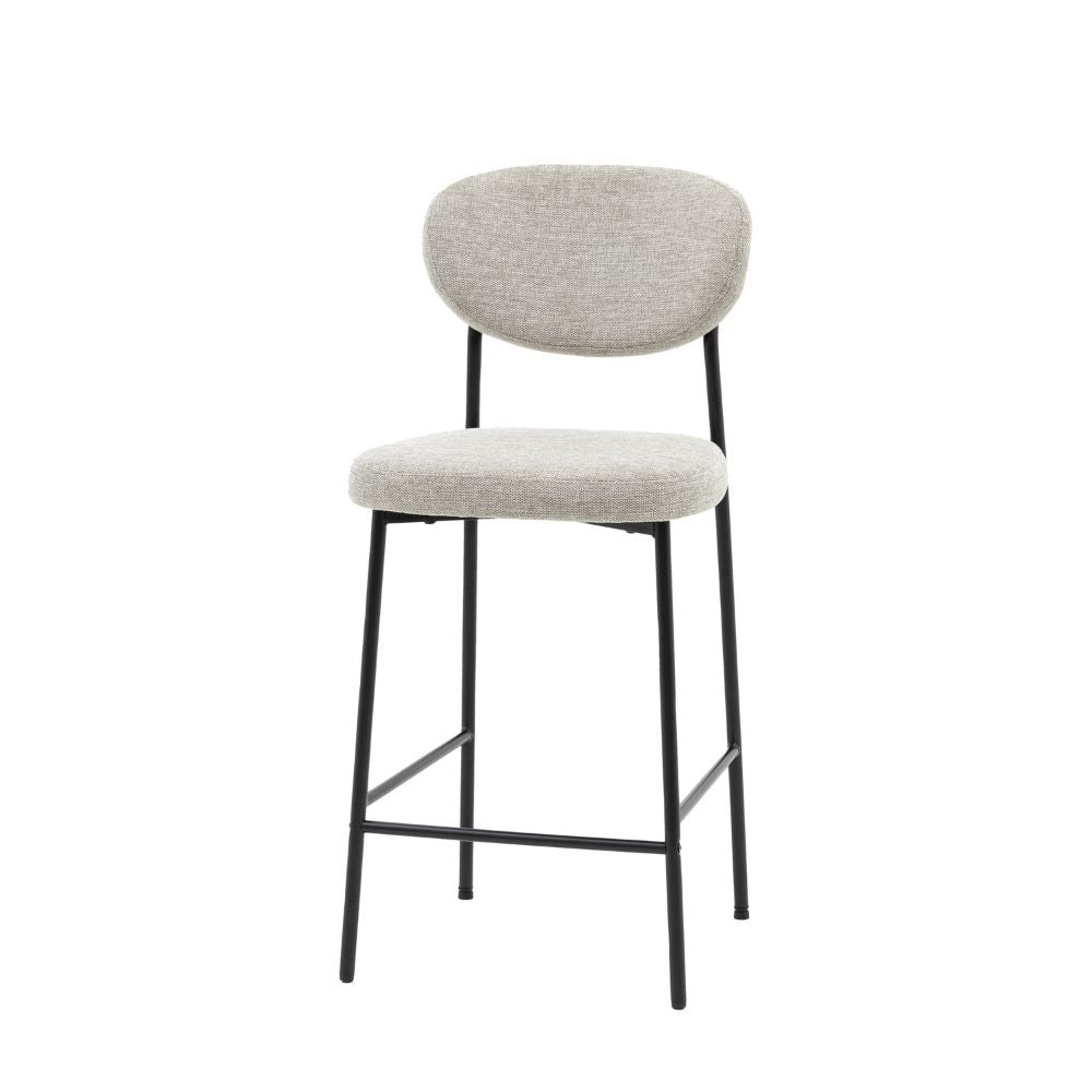 Natural fabric upholstered bar stool with a curved backrest, padded seat and black metal legs shown against a plain light background.