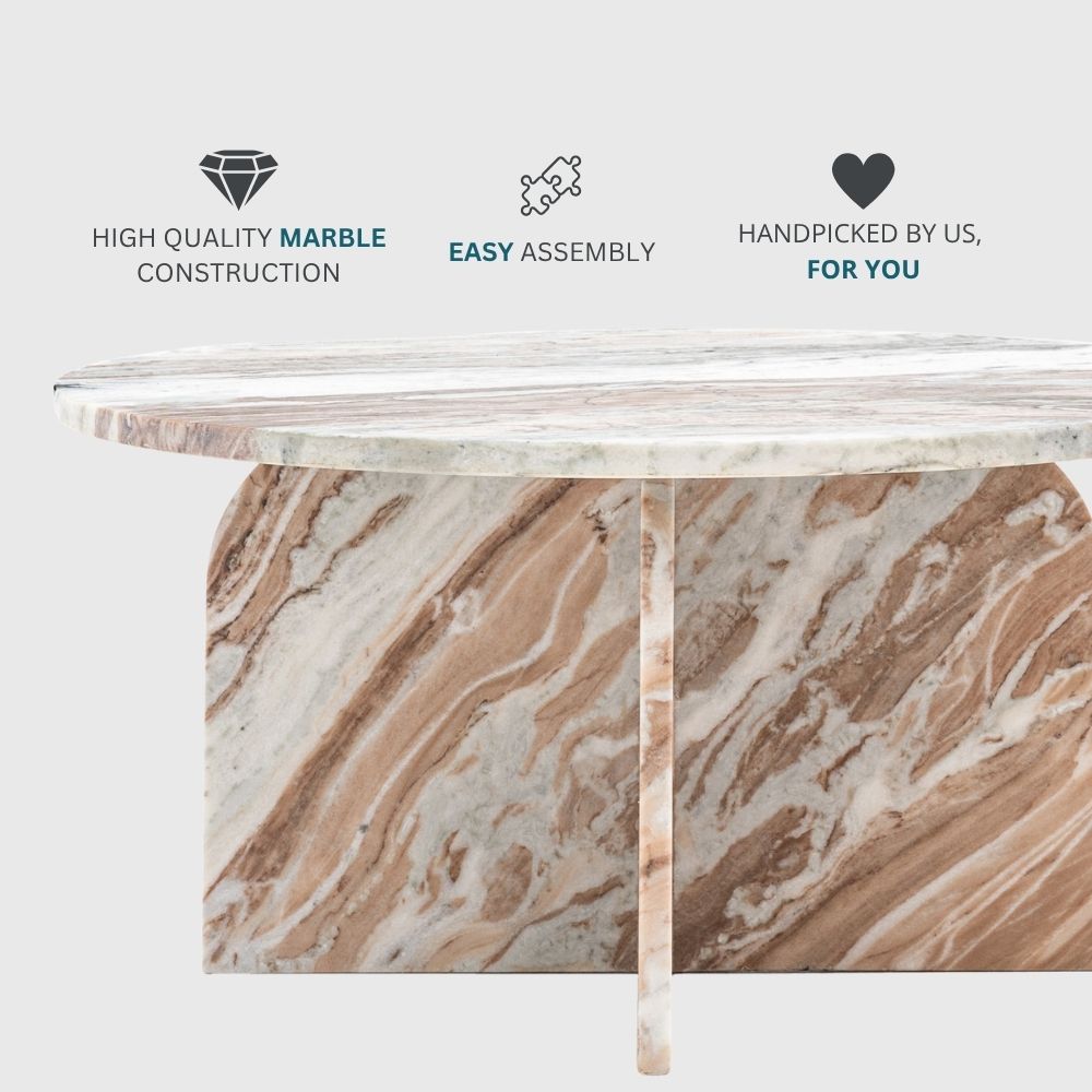 Natural marble coffee table with icons highlighting high quality marble construction, easy assembly and curated design.