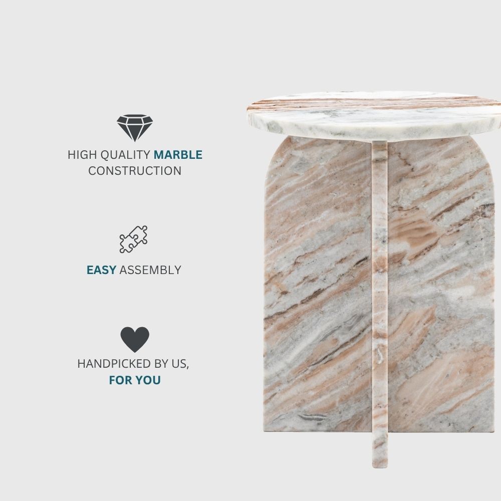 Modern natural marble side table showcasing high quality stone construction with sculptural base and minimalist design.